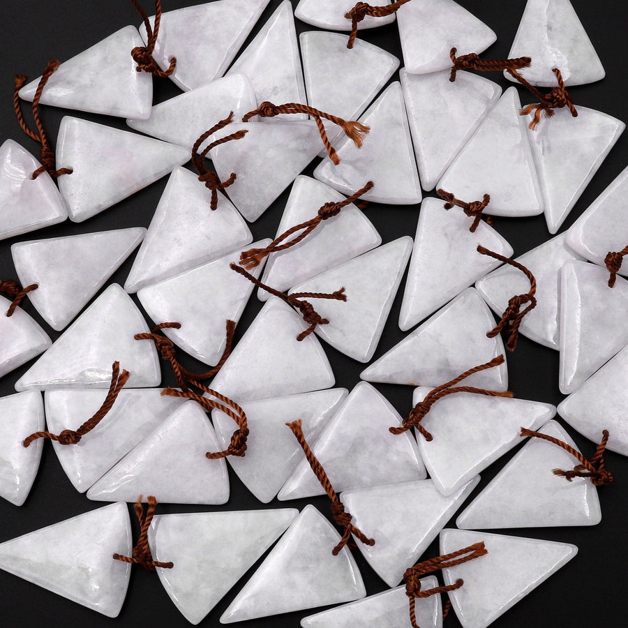 Icy Natural Real Genuine Burma White Jade Triangle Earring Pair Drilled Gemstone Matched Beads