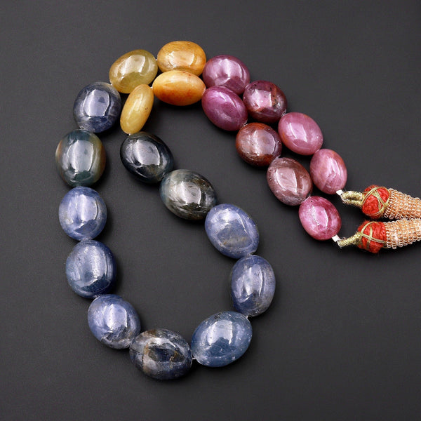 Natural Multicolor Red Pink Golden Yellow Blue Sapphire Smooth Oval Pebble Large Gemstone Beads Necklace Strand