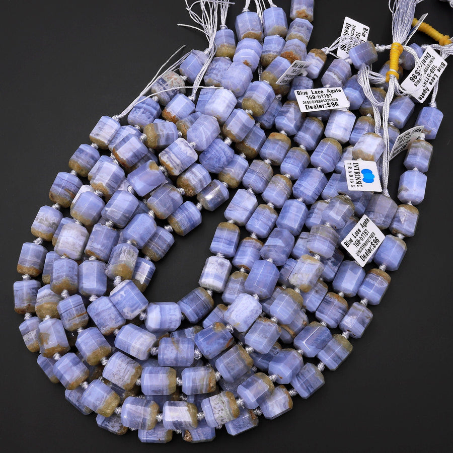 Faceted Natural Blue Lace Agate Octagon Cylinder Tube Beads 15.5" Strand