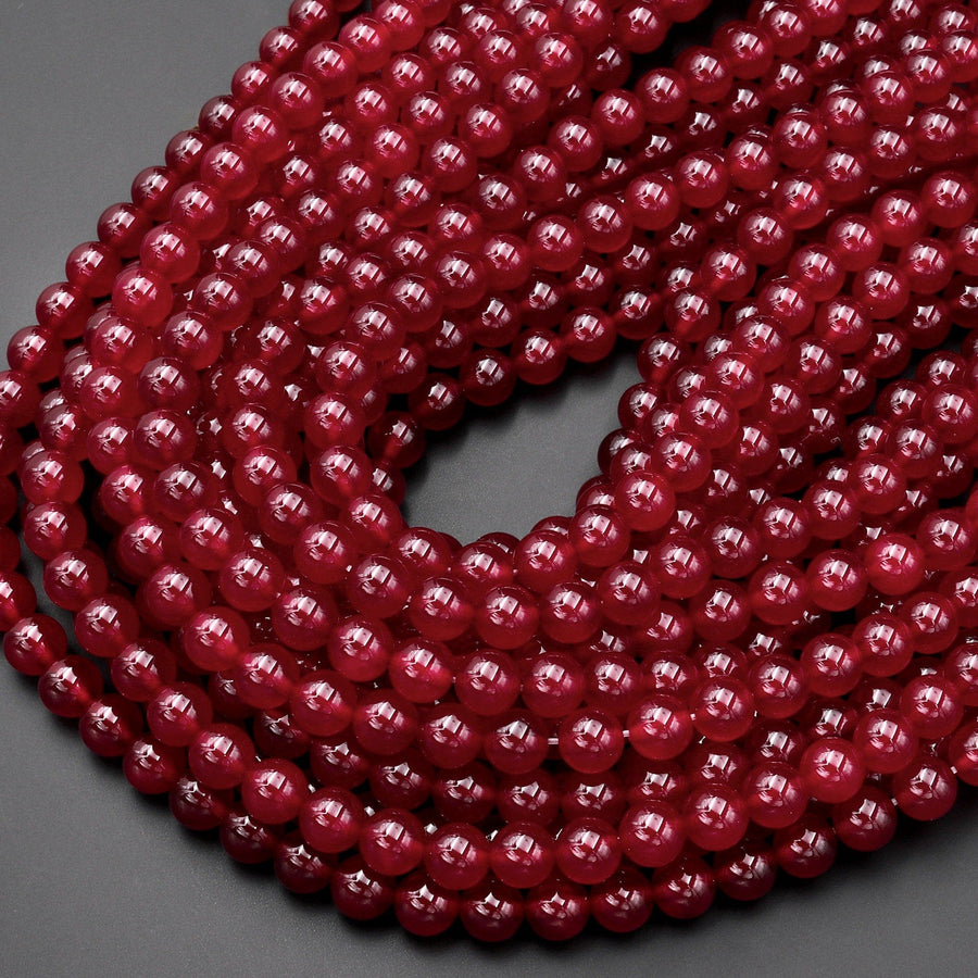 Vibrant Red Jade Smooth Round 4mm 6mm 8mm 10mm Beads 15.5" Strand