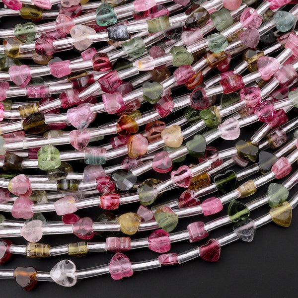 Colorful Tourmaline Heart Beads 4mm Natural Multicolor Watermelon Pink Green Yellow Gemstone 18" Strand