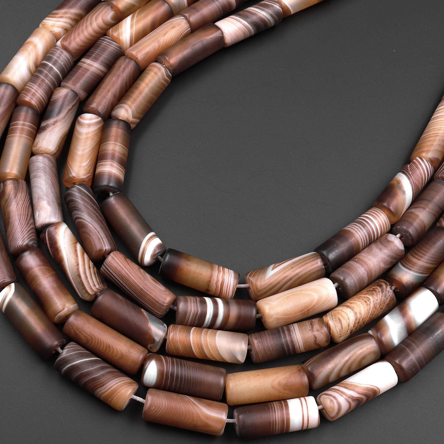 Matte Tibetan Agate Beads Tube Amazing Veins Bands Stripes High Quality Brown White Bead 15.5" Strand