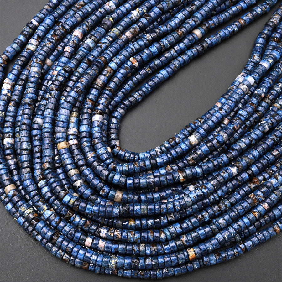 Natural Cobalt Blue Pegmatite W Orange  Muscovite Spinel Matrix Heishi Rondelle Beads 4mm Gemstone 15.5" Strand
