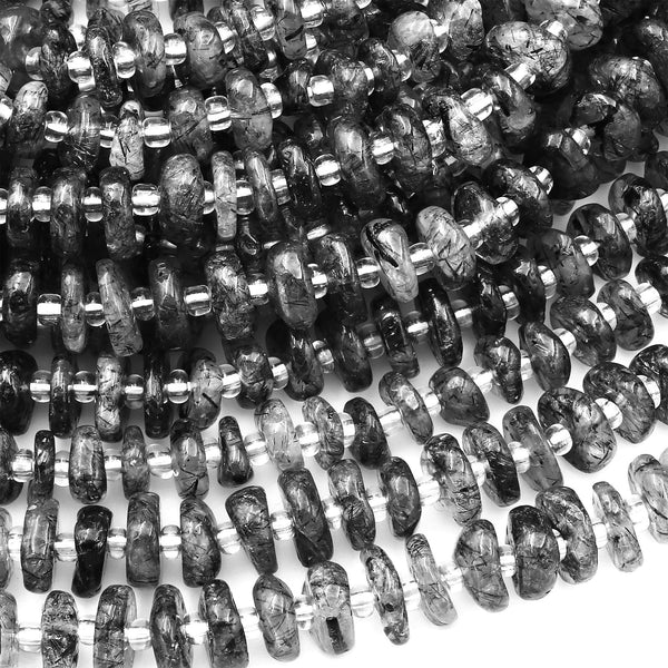 Natural Black Tourmaline Rutilated Quartz Freeform 8mm Rondelle Beads 15.5" Strand