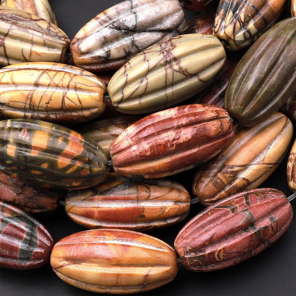 Carved Red Creek Jasper Beads Melon Drum Earthy Red Green Yellow Brown Gemstone 15.5" Strand