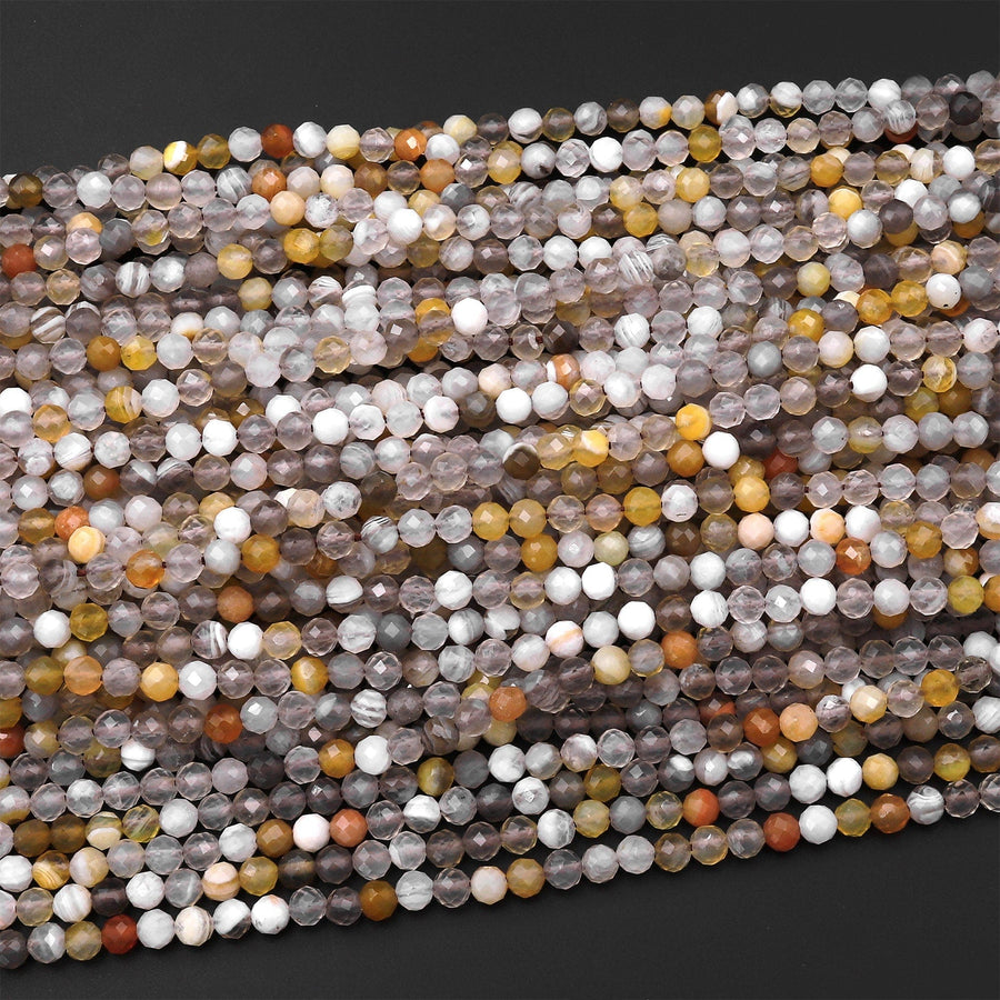 Micro Faceted Natural Yellow Botswana Agate 4mm Round Beads Laser Diamond Cut Gemstone 15.5" Strand