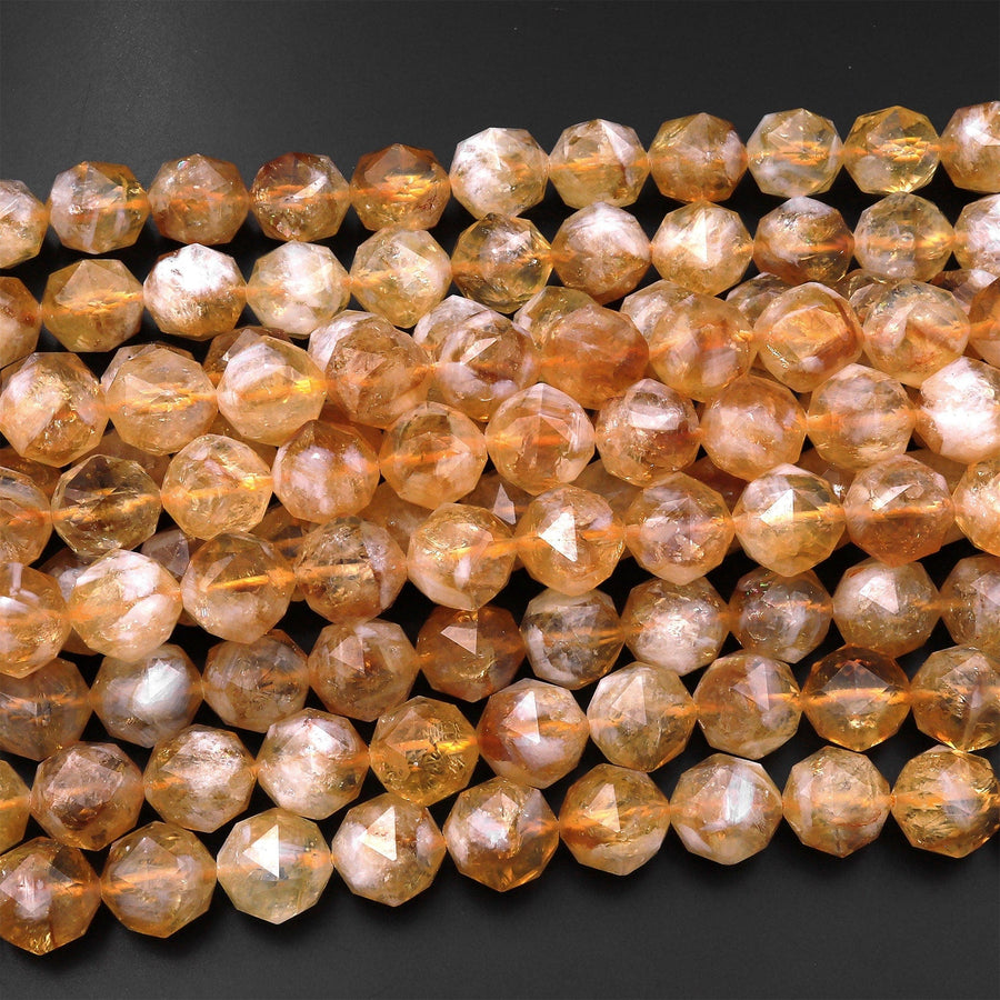 Large Natural Citrine Faceted 12mm Beads Geometric Double Hearted Star Cut Gemstone 15.5" Strand