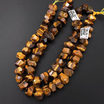 Natural Tiger's Eye Beads Large Chunky Faceted Rectangle Nuggets Unique Designer Cut Center Drilled Gemstone 15.5" Strand