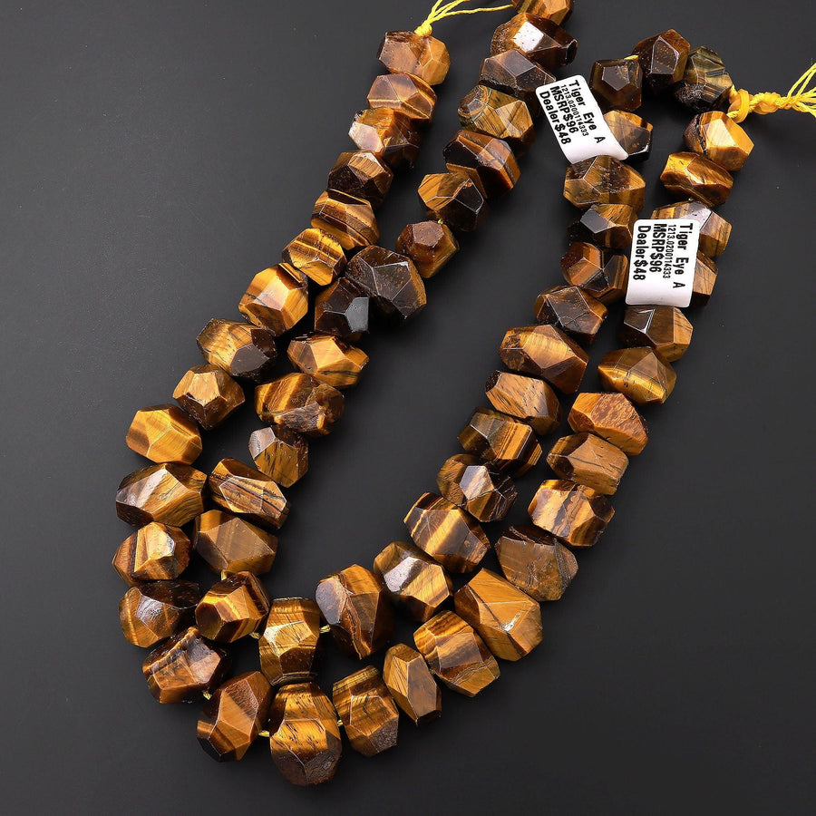 Natural Tiger's Eye Beads Large Chunky Faceted Rectangle Nuggets Unique Designer Cut Center Drilled Gemstone 15.5" Strand