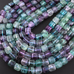 Large Natural Fluorite Faceted 10mm Cube Square Dice Beads Vibrant Rainbow Purple Green Gemstone 15.5" Strand