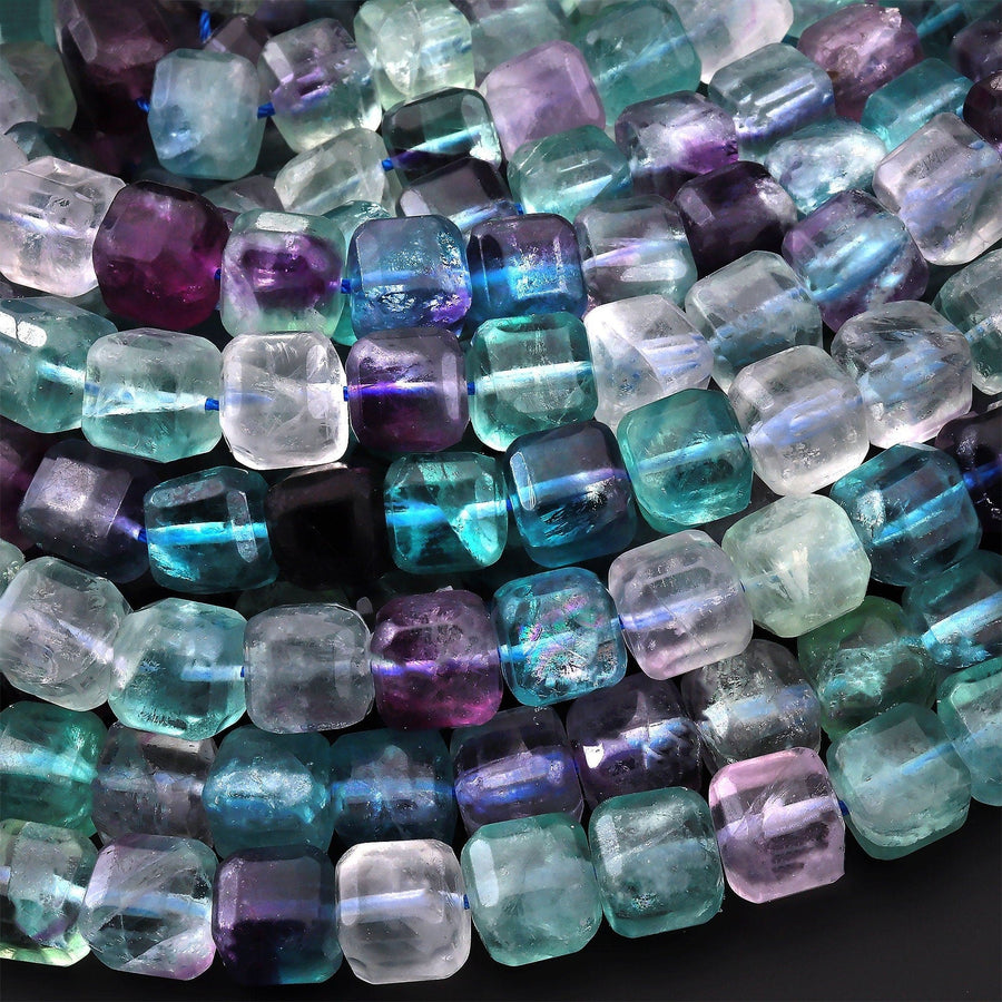 Large Natural Fluorite Faceted 10mm Cube Square Dice Beads Vibrant Rainbow Purple Green Gemstone 15.5" Strand