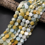 AAA Faceted 12mm 14mm Blue Green Canary Yellow Aquamarine Coin Beads Flat Disc Dazzling Facets Natural Gemstone 15.5" Strand