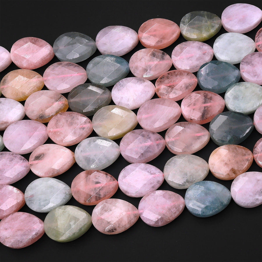 Faceted Natural Blue Green Aquamarine Peach Pink Morgonite Vertically Drilled Teardrop Beads 15.5" Strand