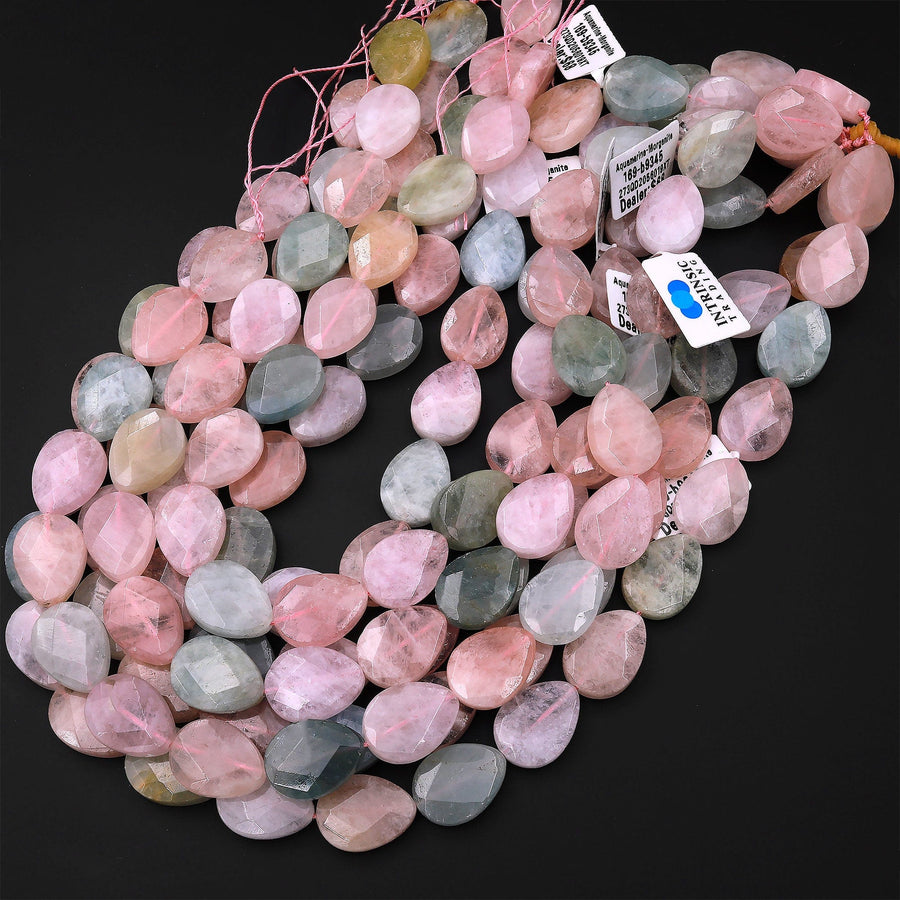 Faceted Natural Blue Green Aquamarine Peach Pink Morgonite Vertically Drilled Teardrop Beads 15.5" Strand