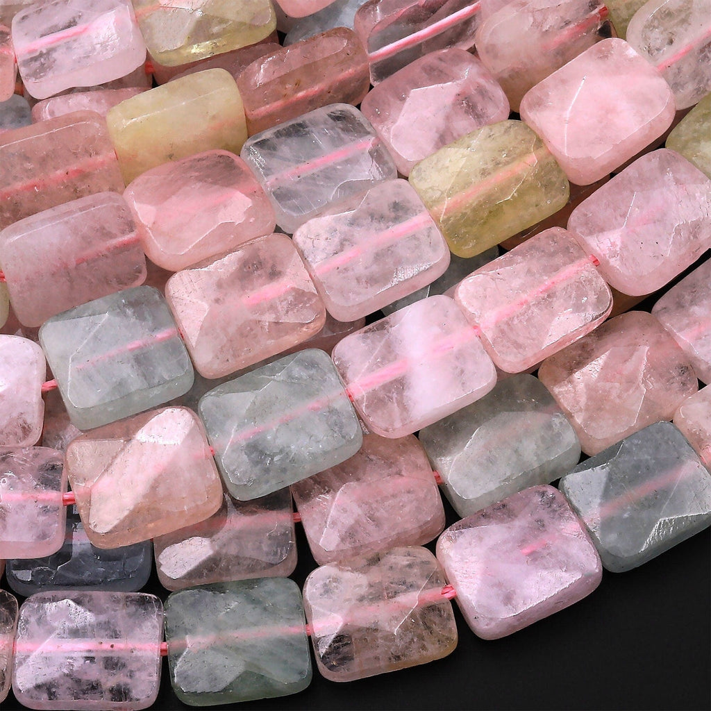 Faceted Natural Blue Green Aquamarine Peach Pink Morgonite Rectangle Gemstone Beads 15.5" Strand