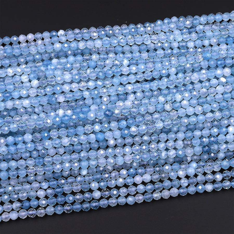 AAA Faceted Natural Blue Aquamarine 4mm 5mm 6mm Round Beads Super Translucent Micro Laser Diamond Cut Gemstone 15.5" Strand