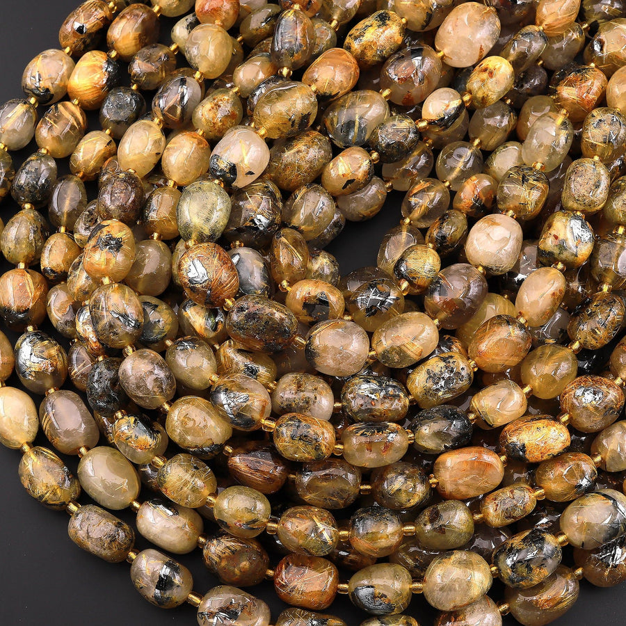 Natural Titanium Golden Rutile Quartz Puffy Smooth Nugget Beads Gemstone 15.5" Strand