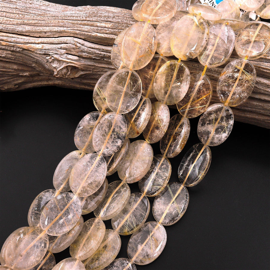 Large Natural Golden Rutile Quartz Smooth Oval Beads Gemstone 15.5" Strand