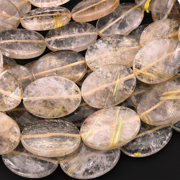 Large Natural Golden Rutile Quartz Smooth Oval Beads Gemstone 15.5" Strand