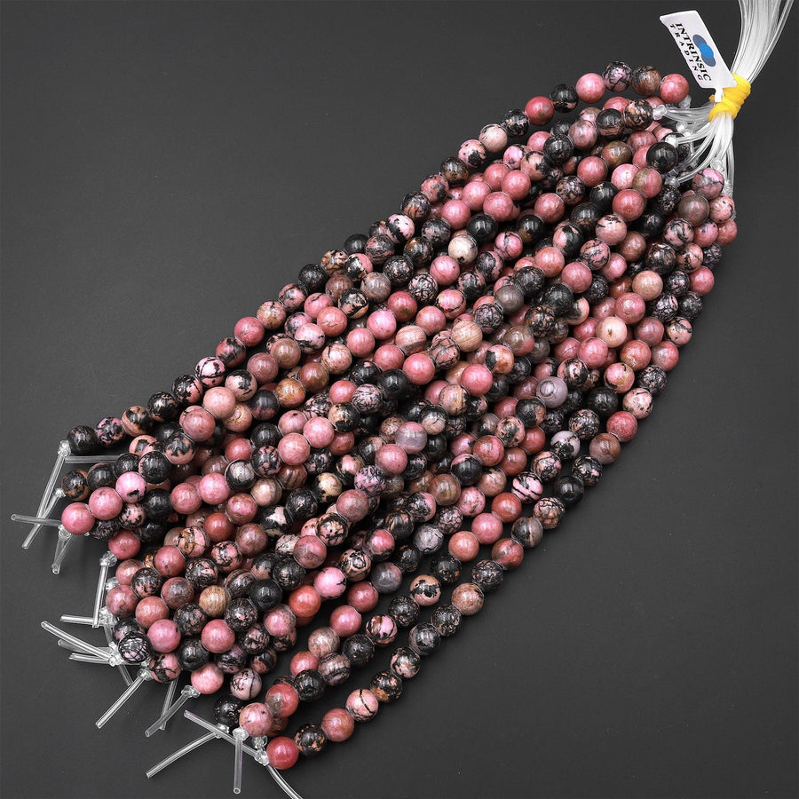 Large Hole Beads 2.5mm Drill Natural Pink Black Rhodonite 8mm 10mm Round Beads 8" Strand