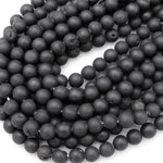 Matte Black Druzy Agate 8mm 10mm Round Beads With Sparkling Quartz Crystal Cave 15.5" Strand