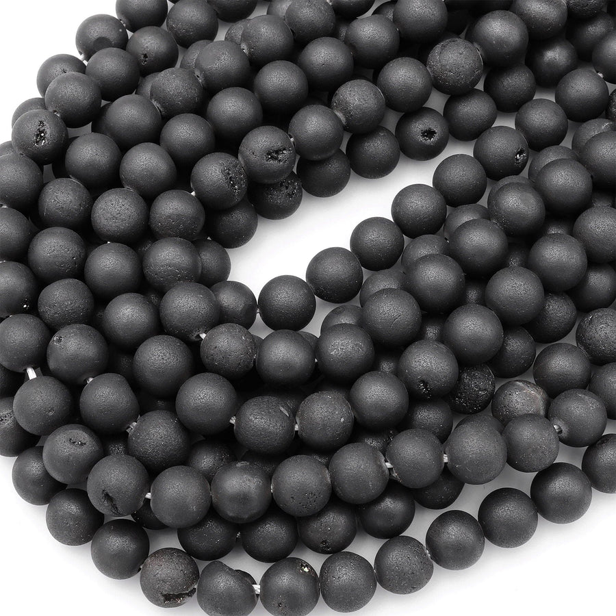 Matte Black Druzy Agate 8mm 10mm Round Beads With Sparkling Quartz Crystal Cave 15.5" Strand
