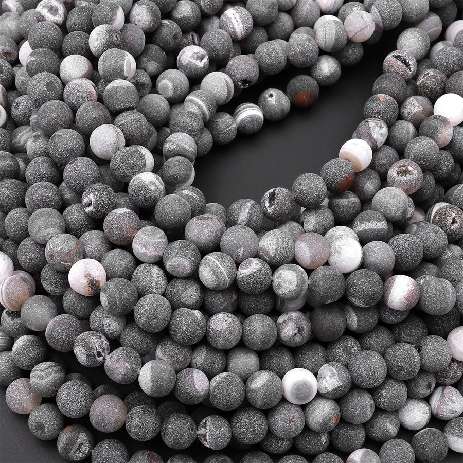 Matte Natural Gray Black Druzy Agate 8mm 10mm Round Beads With Quartz Crystal Pocket Cave 15.5" Strand