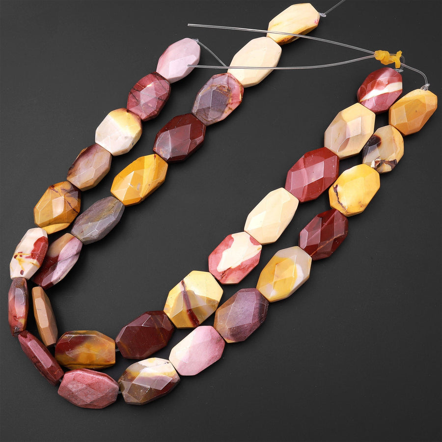 Faceted Natural Australian Mookaite Rectangle Beads Sunset Colors Red Yellow Maroon Red Creamy Beige 15.5" Strand
