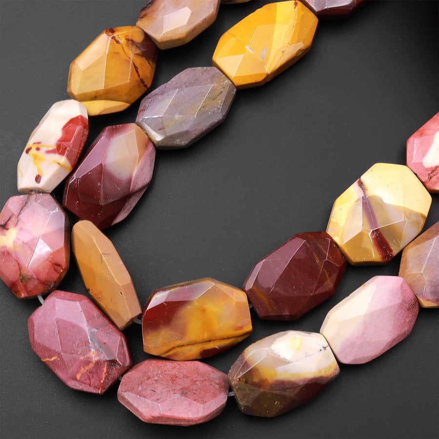 Faceted Natural Australian Mookaite Rectangle Beads Sunset Colors Red Yellow Maroon Red Creamy Beige 15.5" Strand