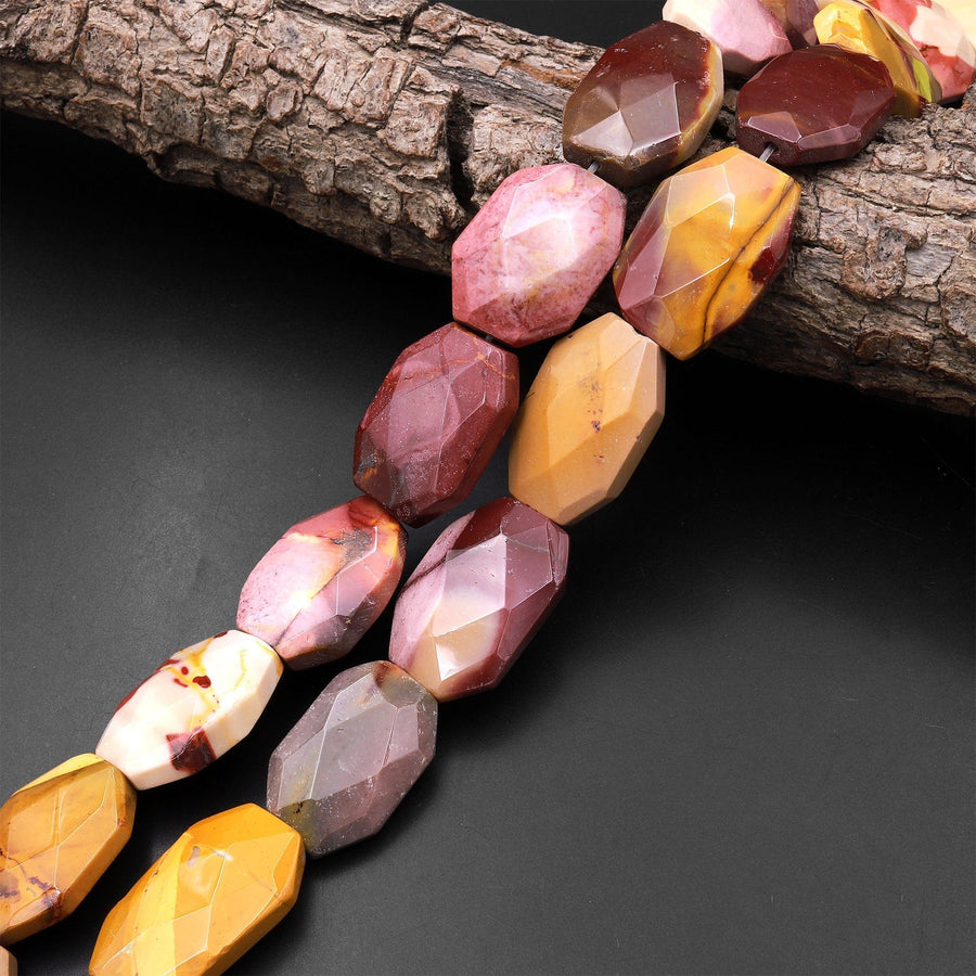 Faceted Natural Australian Mookaite Rectangle Beads Sunset Colors Red Yellow Maroon Red Creamy Beige 15.5" Strand