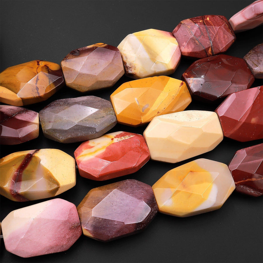 Faceted Natural Australian Mookaite Rectangle Beads Sunset Colors Red Yellow Maroon Red Creamy Beige 15.5" Strand