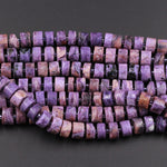 Natural Charorite Thick Rondelle Wheel Beads Large Smooth Purple Russian Charoite W/ Orange Hessonite Garnet Matrix 15.5" Strand