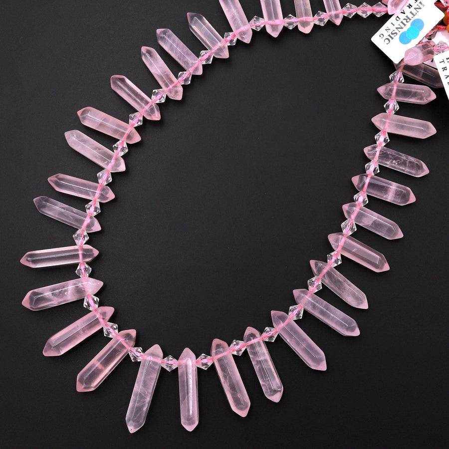 AAA Small Natural Pink Rose Quartz Faceted Double Terminated Pointes Side Drilled Focal Pendant Beads Bullet Bicone 15" Strand