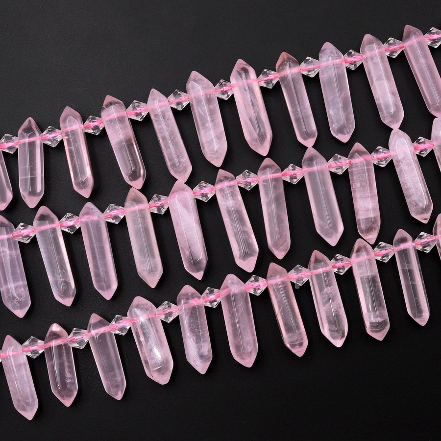 AAA Small Natural Pink Rose Quartz Faceted Double Terminated Pointes Side Drilled Focal Pendant Beads Bullet Bicone 15" Strand
