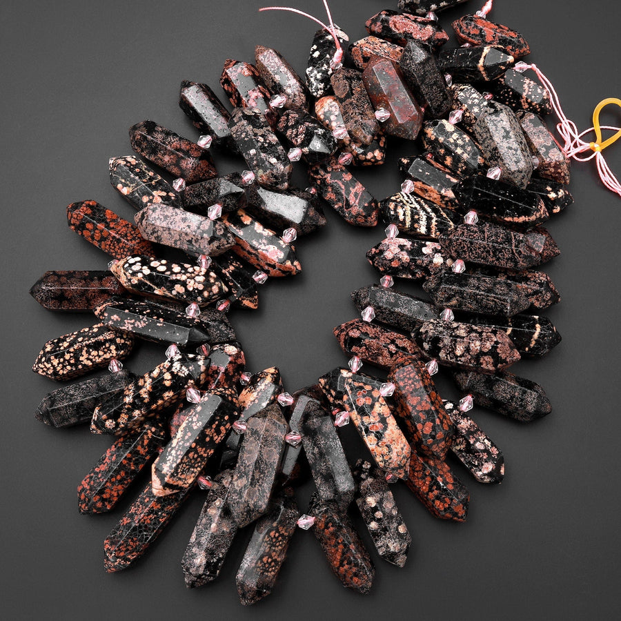 Natural Red Snowflake Obsidian Faceted Double Terminated Points Top Drilled Focal Pendant Beads 15.5" Strand