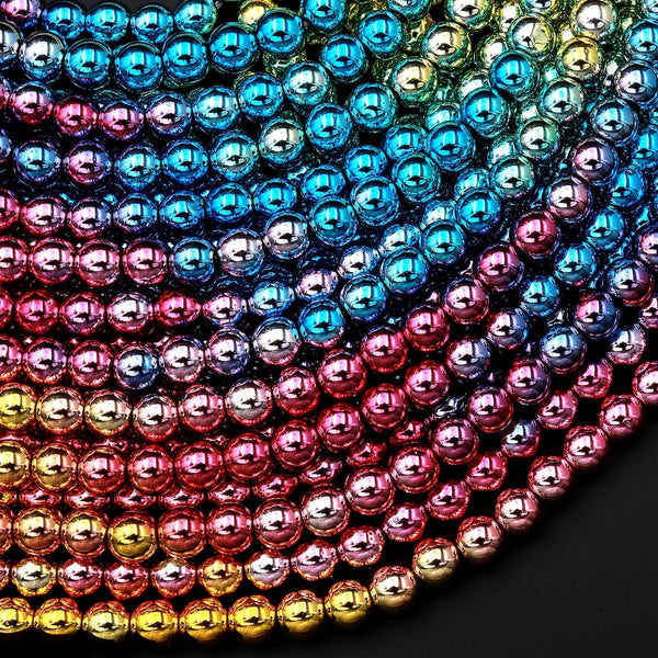 Gradient Rainbow Ombre Fantasy Colors Hematite Round Beads Metallic Titanium Gold Blue Green Rose Pink 3mm 4mm 6mm 8mm 10mm 15.5" Strand