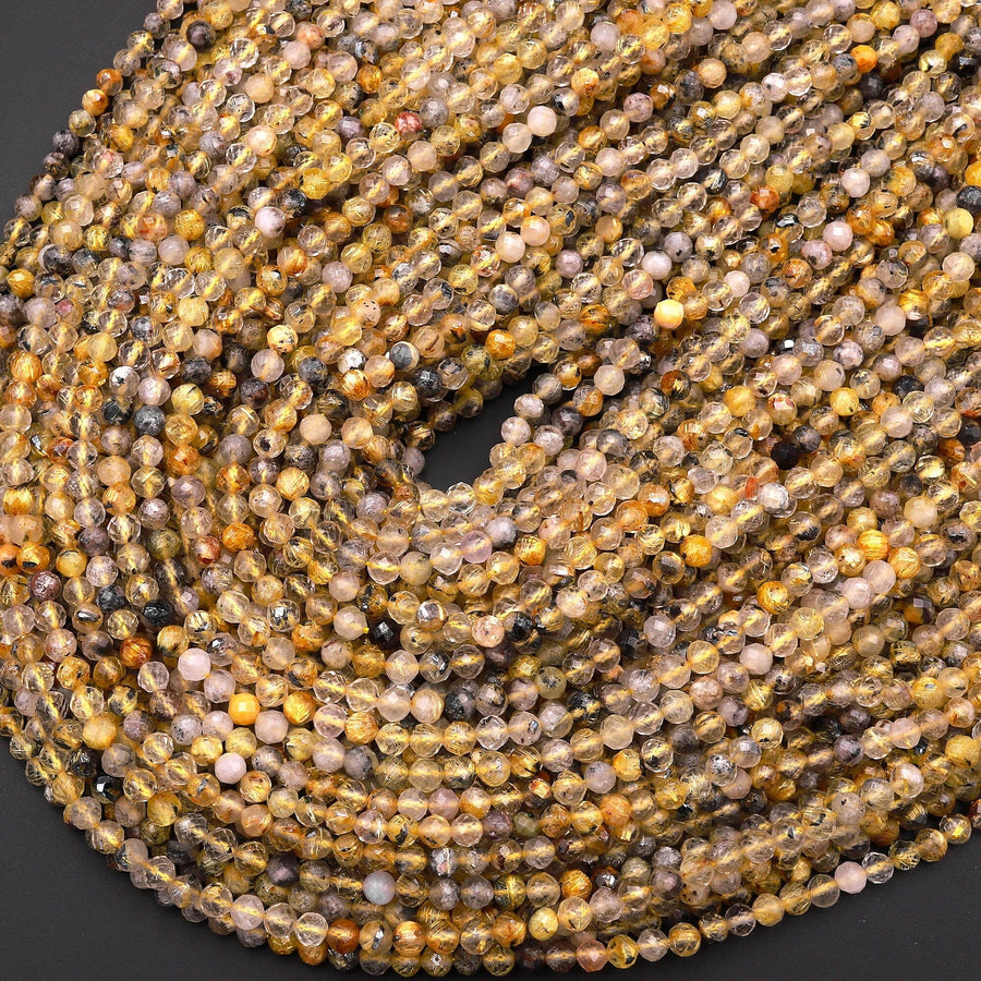 Faceted Natural Titanium Golden Rutilated Quartz  3mm 4mm Round Beads Sharp Rutile 15.5" Strand