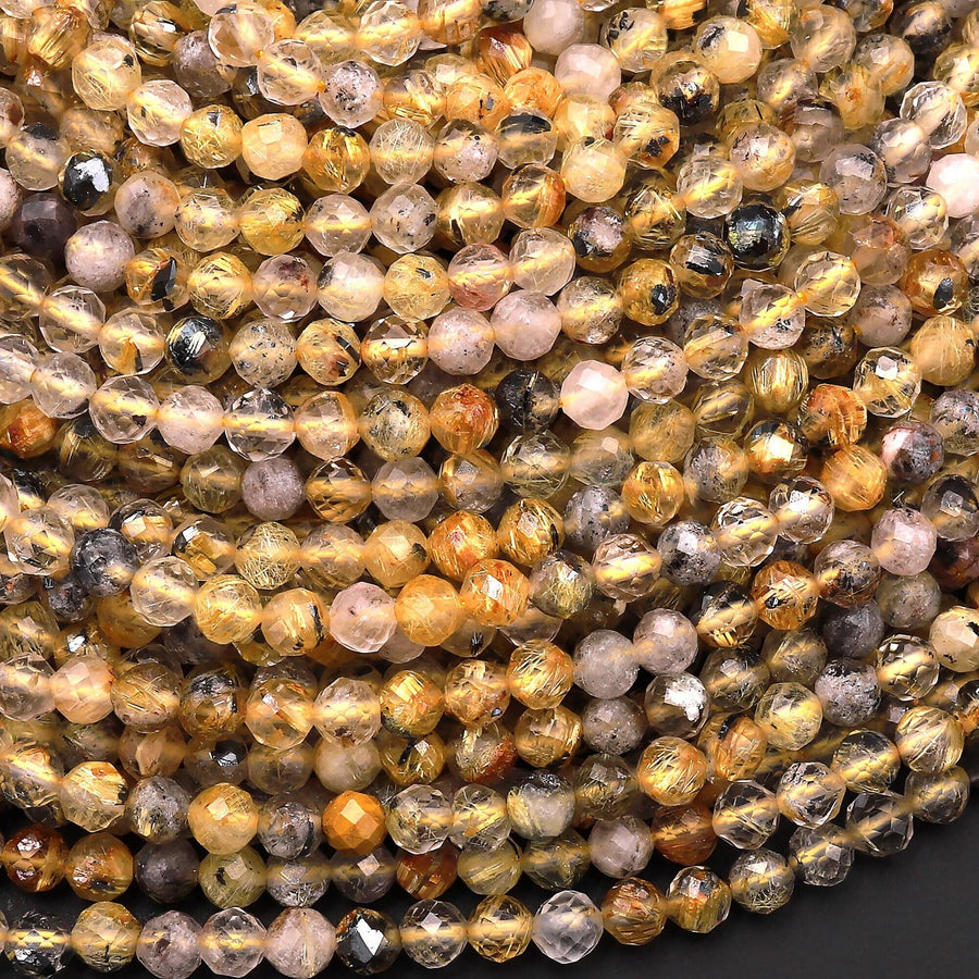 Faceted Natural Titanium Golden Rutilated Quartz  3mm 4mm Round Beads Sharp Rutile 15.5" Strand