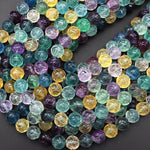 Natural Green Golden Yellow Purple Fluorite Carved Lotus Flower Round Beads 10mm 12mm 3D