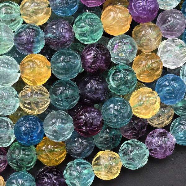 Natural Green Golden Yellow Purple Fluorite Carved Lotus Flower Round Beads 10mm 12mm 3D