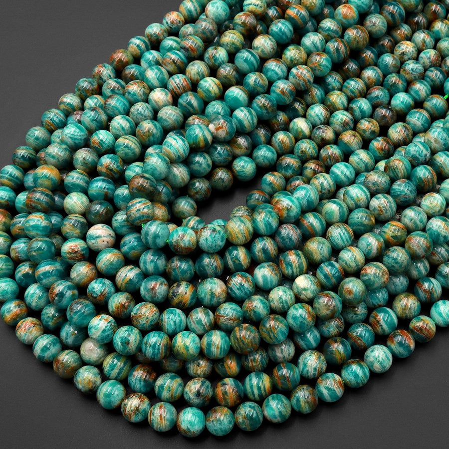 Rare Banded Natural Russian Amazonite 6mm 8mm 10mm Round Beads W Gold Copper Matrix 15.5" Strand