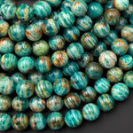 Rare Banded Natural Russian Amazonite 6mm 8mm 10mm Round Beads W Gold Copper Matrix 15.5" Strand