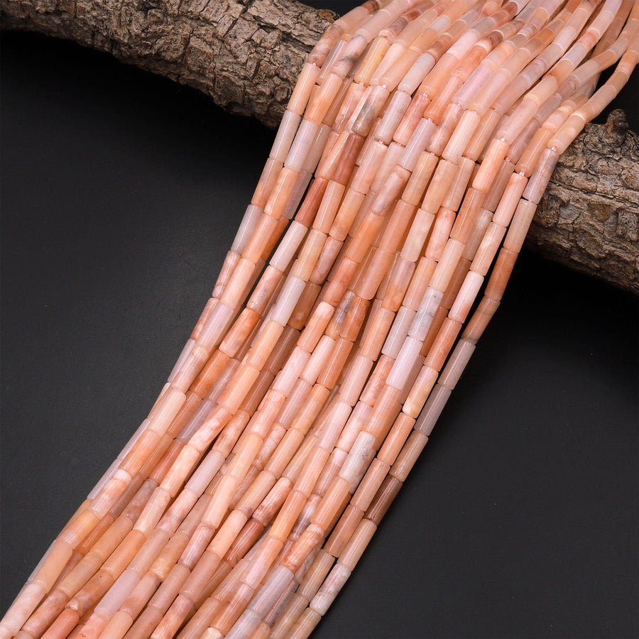 Natural Peach Aventurine Thin Long Tube Beads 14mm 15.5" Strand