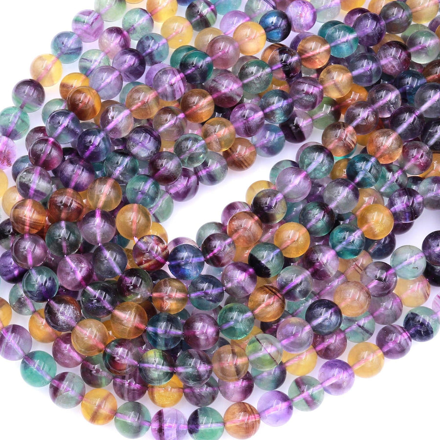 AAA Natural Fluorite 6mm 8mm 10mm Round Beads Vibrant Rainbow Purple Green Honey Golden Yellow Gemstone 15.5" Strand