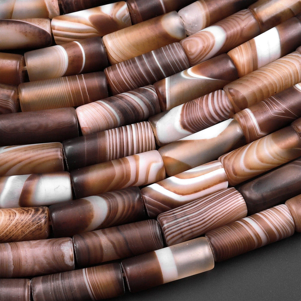 Matte Tibetan Agate Beads Tube Amazing Veins Bands Stripes High Quality Brown White Bead 15.5" Strand