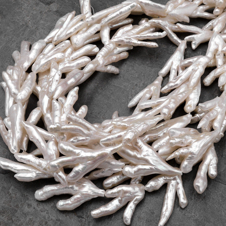 Large Thick Freeform Natural White Biwa Pearl Long Stick Branch Pearl Top Drilled Pendant Genuine Freshwater Pearl 16" Strand