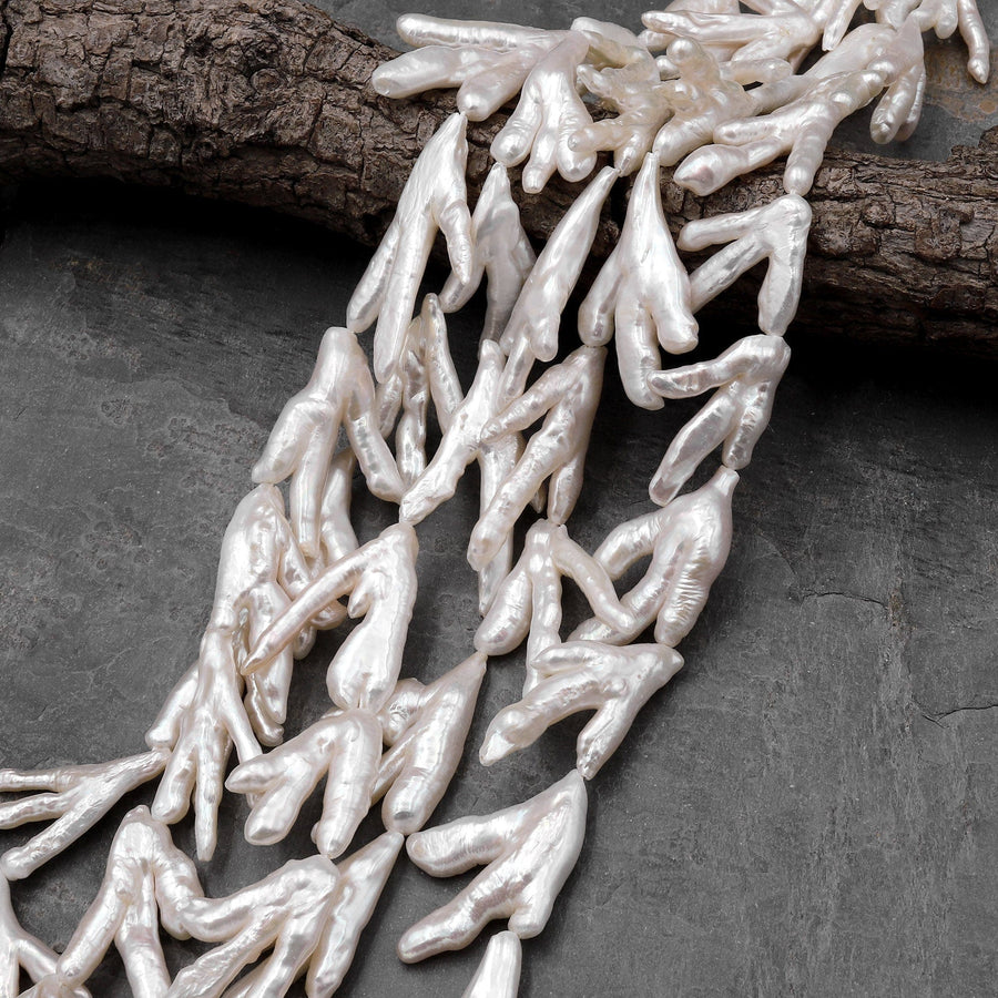 Large Thick Freeform Natural White Biwa Pearl Long Stick Branch Pearl Top Drilled Pendant Genuine Freshwater Pearl 16" Strand