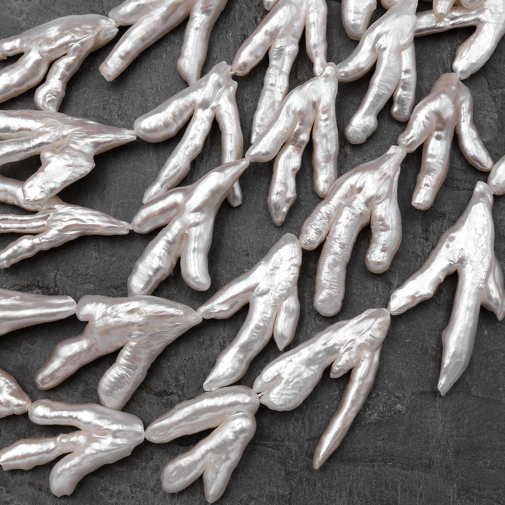 Large Thick Freeform Natural White Biwa Pearl Long Stick Branch Pearl Top Drilled Pendant Genuine Freshwater Pearl 16" Strand