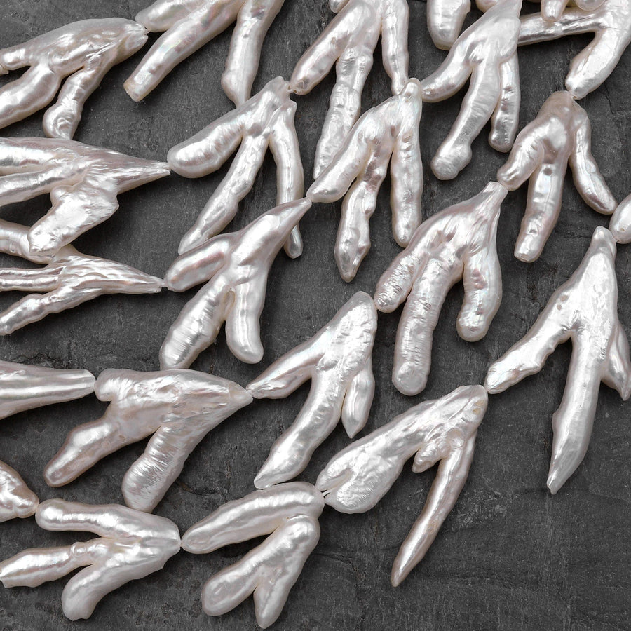 Large Thick Freeform Natural White Biwa Pearl Long Stick Branch Pearl Top Drilled Pendant Genuine Freshwater Pearl 16" Strand