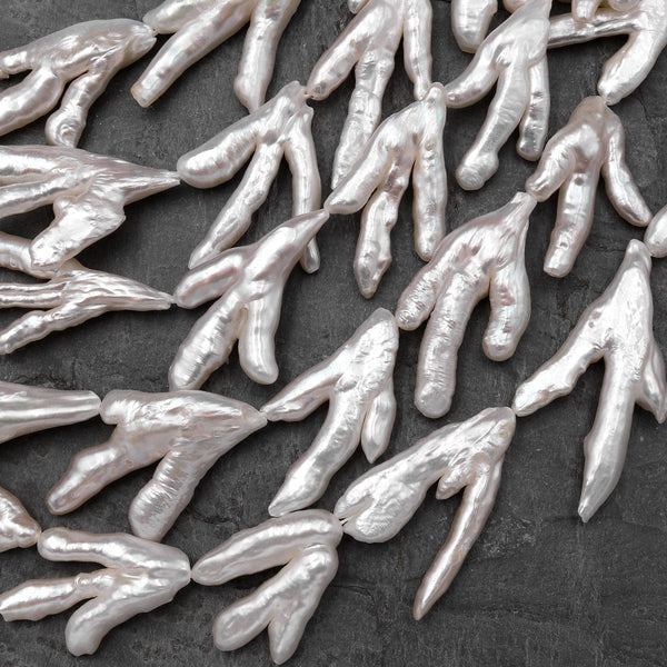 Large Thick Freeform Natural White Biwa Pearl Long Stick Branch Pearl Top Drilled Pendant Genuine Freshwater Pearl 16" Strand